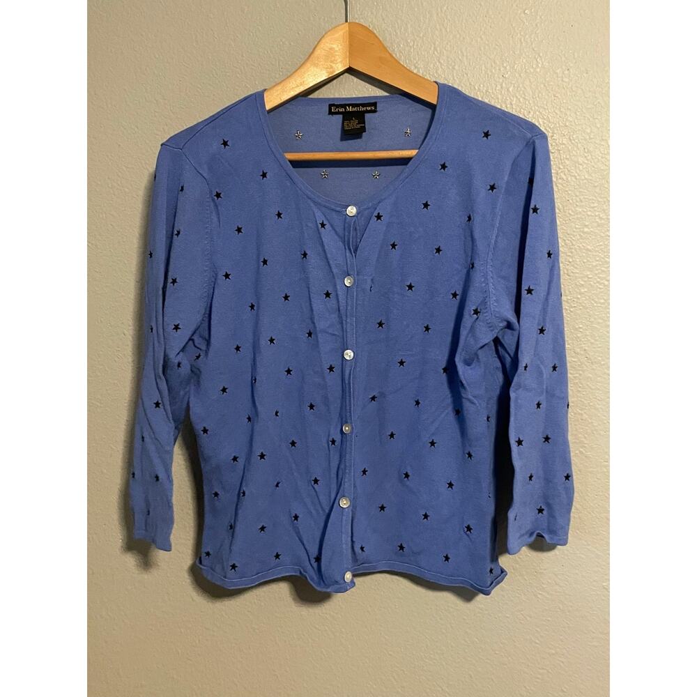 Erin Matthews Cardigan Womens Large Star Embroidered 3/4 Sleeve Celestial Y2K